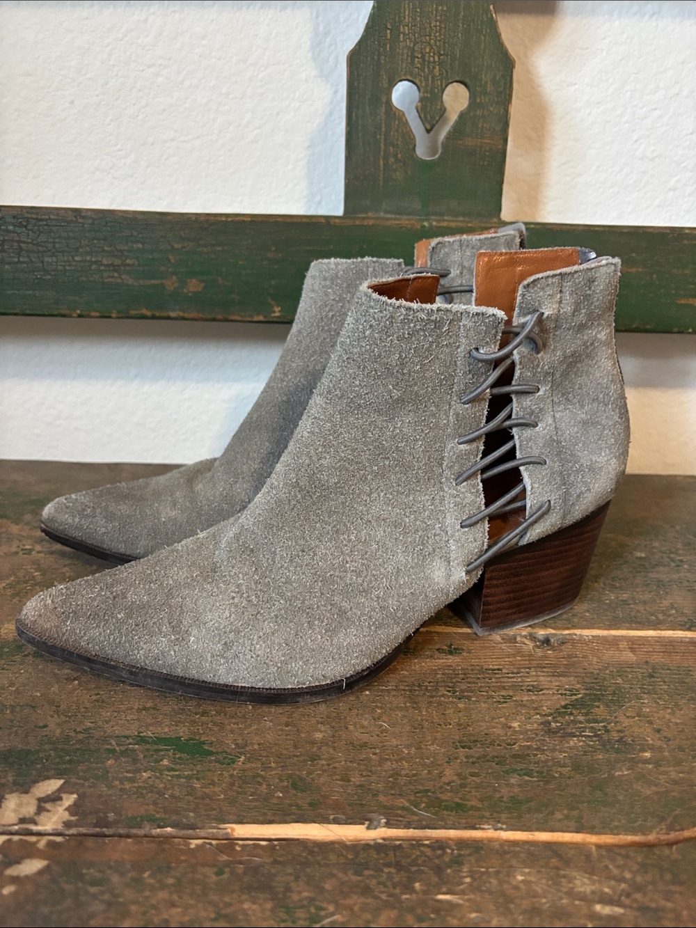 Suede Pointed Ankle Booties with Side Lace Detail - Gray